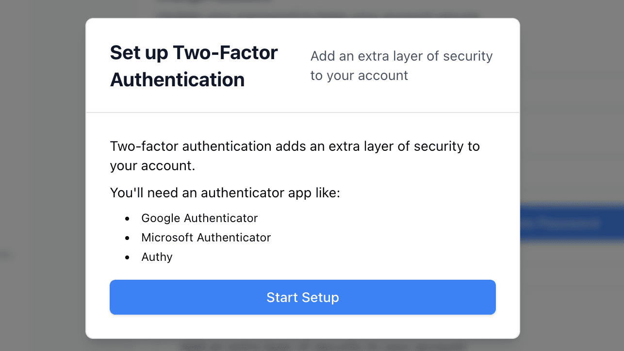 Two-factor authentication setup with QR code and verification