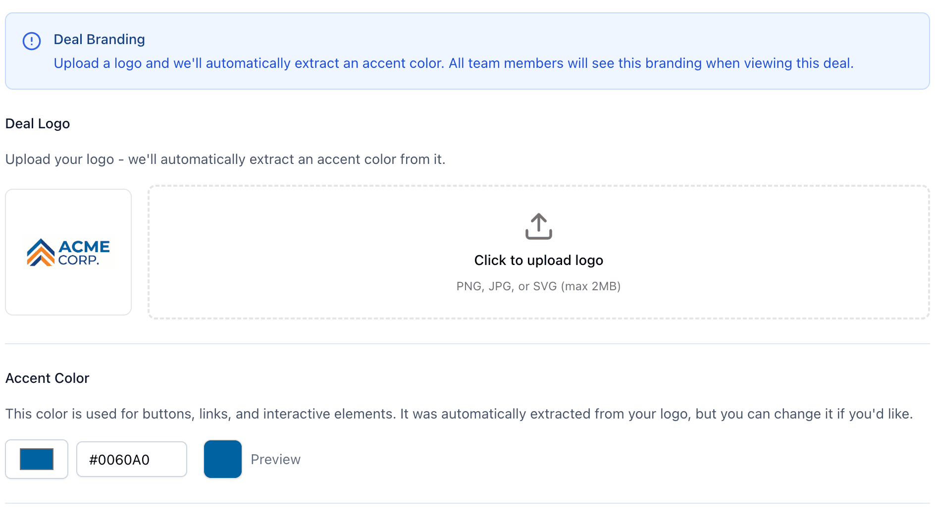 Custom branding settings showing logo upload, accent color picker, and sidebar theme