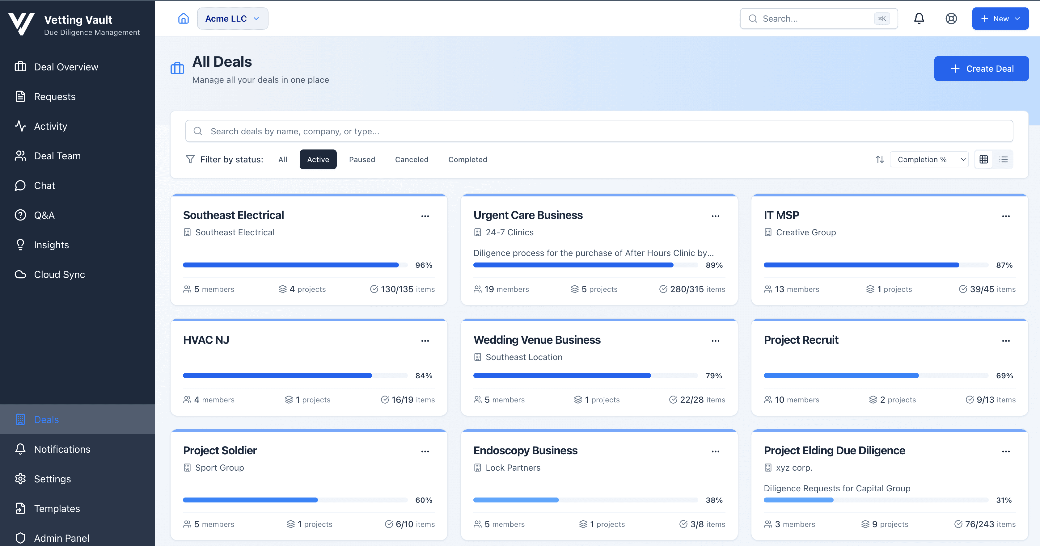 Vetting Vault dashboard showing all active deals with progress tracking