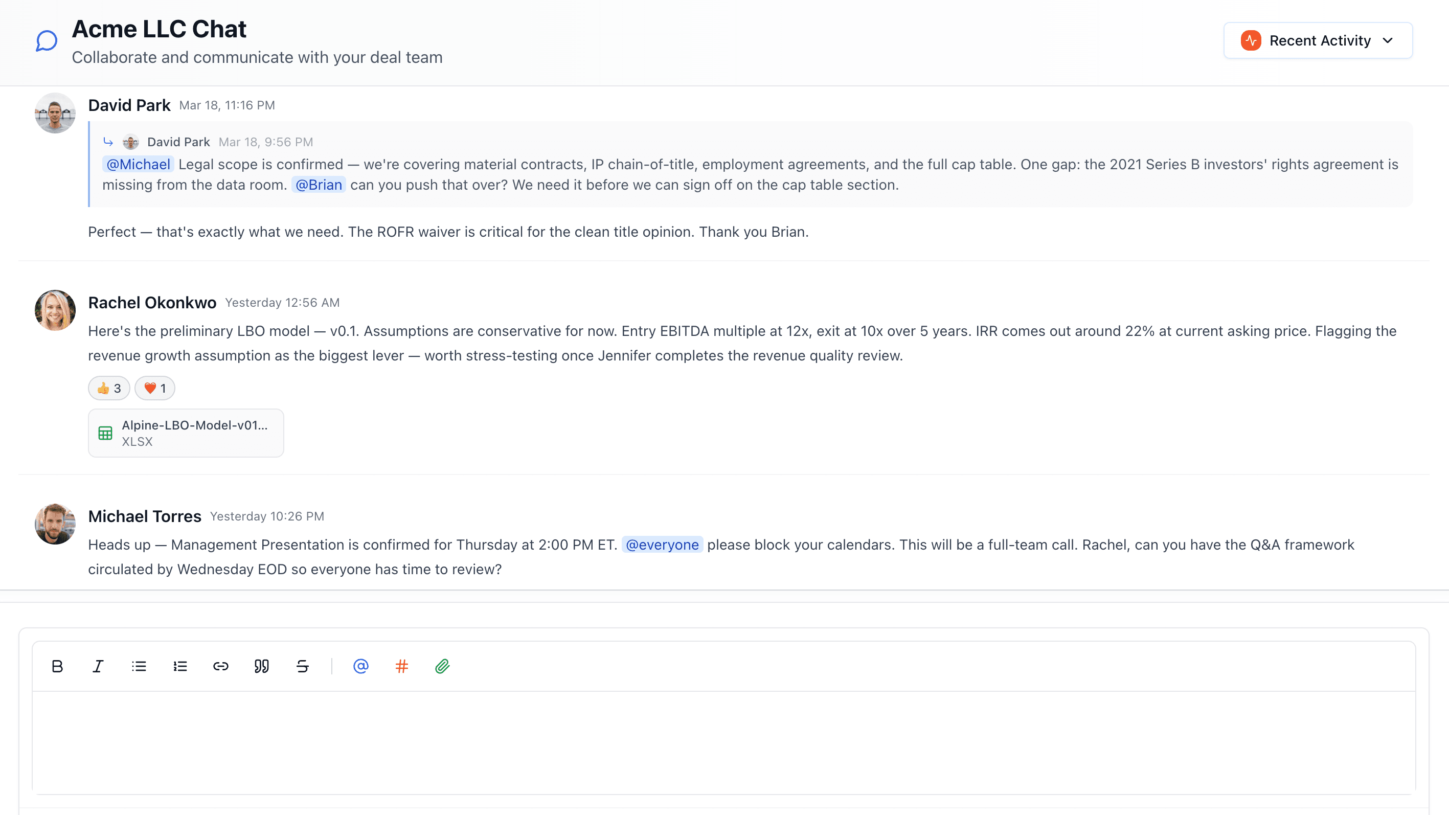 Deal Chat showing @mentions, emoji reactions, and threaded conversations