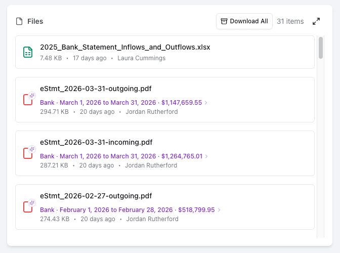 Request file list of bank statements with inline AI summary metadata on each row — Bank, period, and total amount displayed alongside the filename