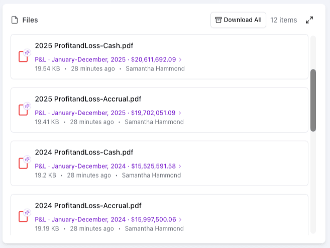 Request file list of P&L statements with inline AI summary metadata — P&L, period, and revenue figure shown next to each filename