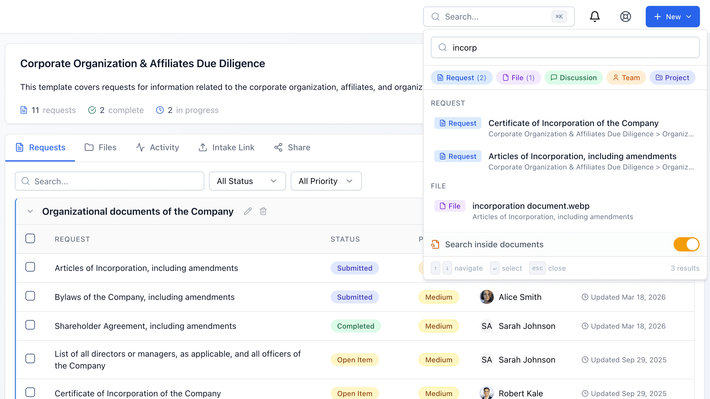 Global Search modal showing results across requests, files, and team members