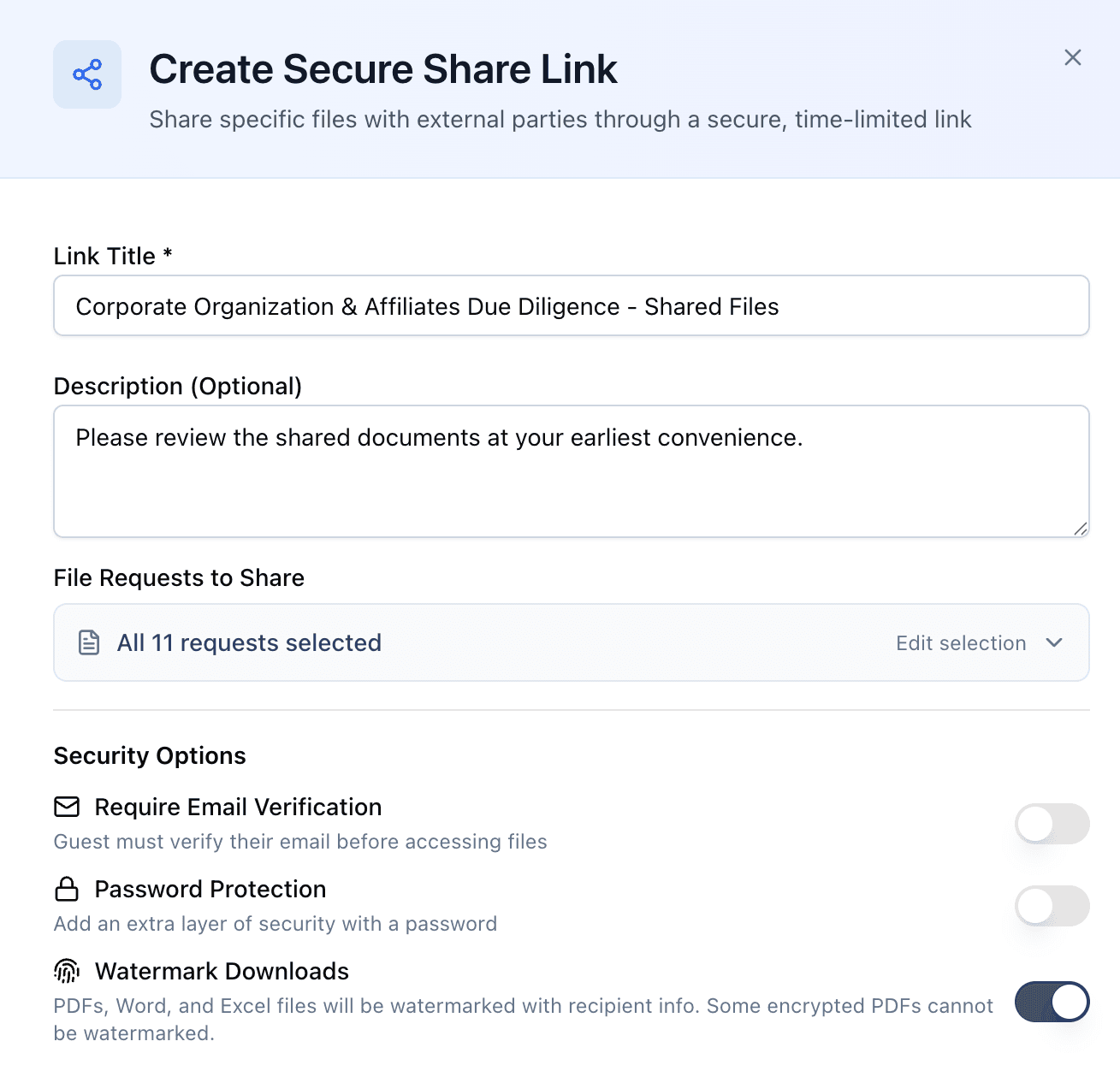 Create Secure Share Link dialog showing security options and watermark settings