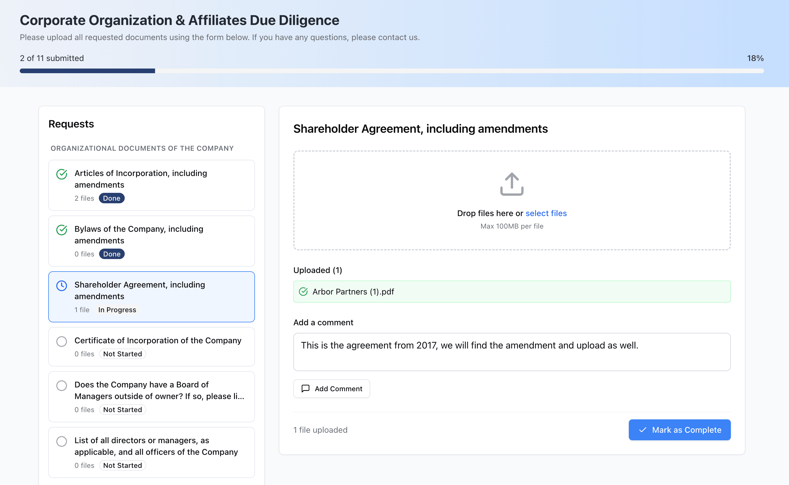 Intake form portal as seen by the person uploading documents