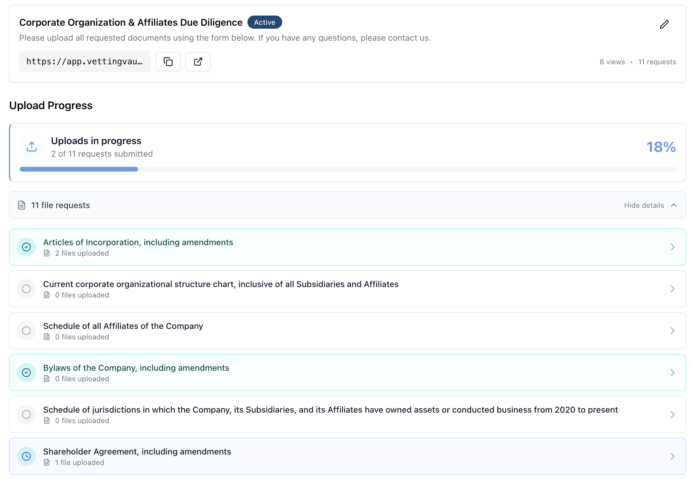 Admin view showing intake form submission progress