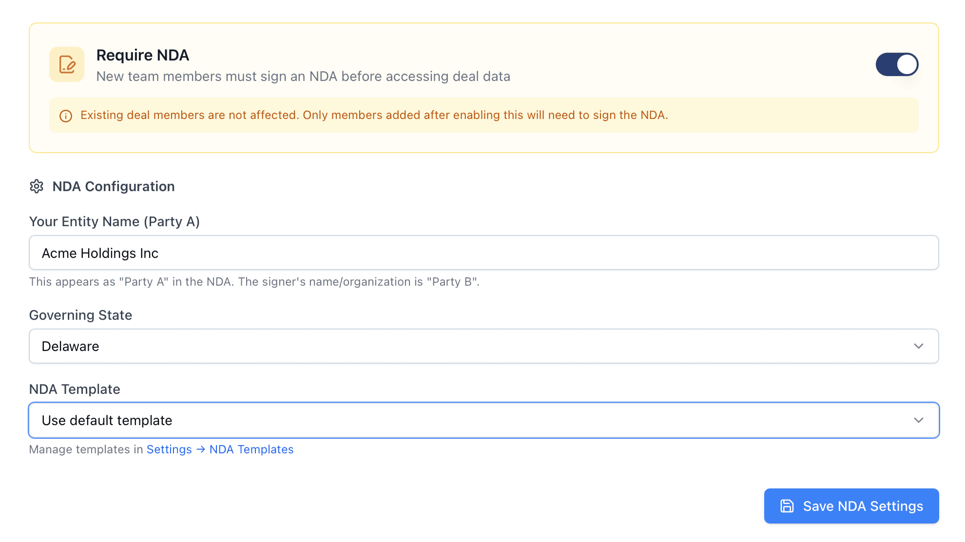 Deal settings showing NDA toggle, entity name, governing state, and template selection