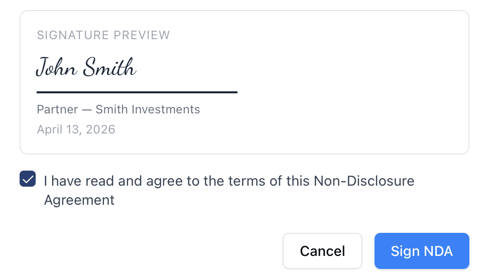 Cursive signature preview with agreement checkbox and Sign NDA button