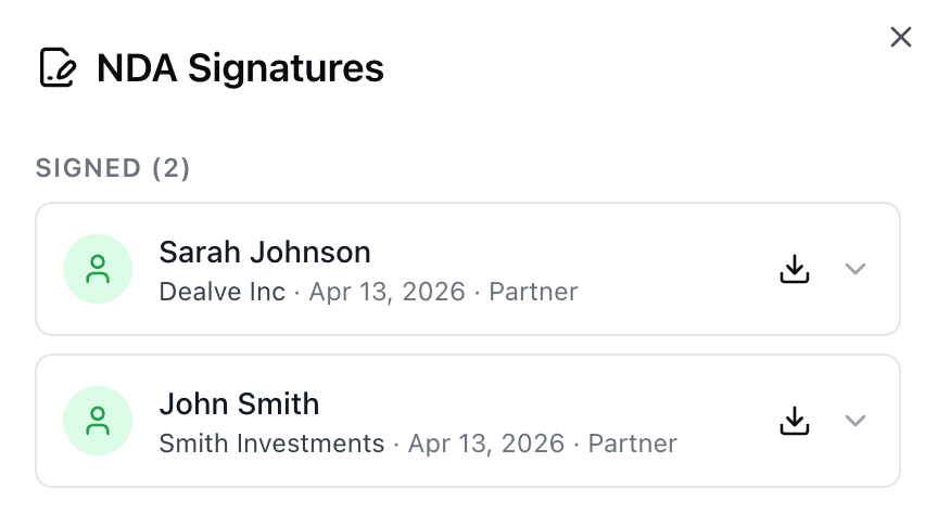 NDA Signatures drawer showing signed members with date, title, and PDF download