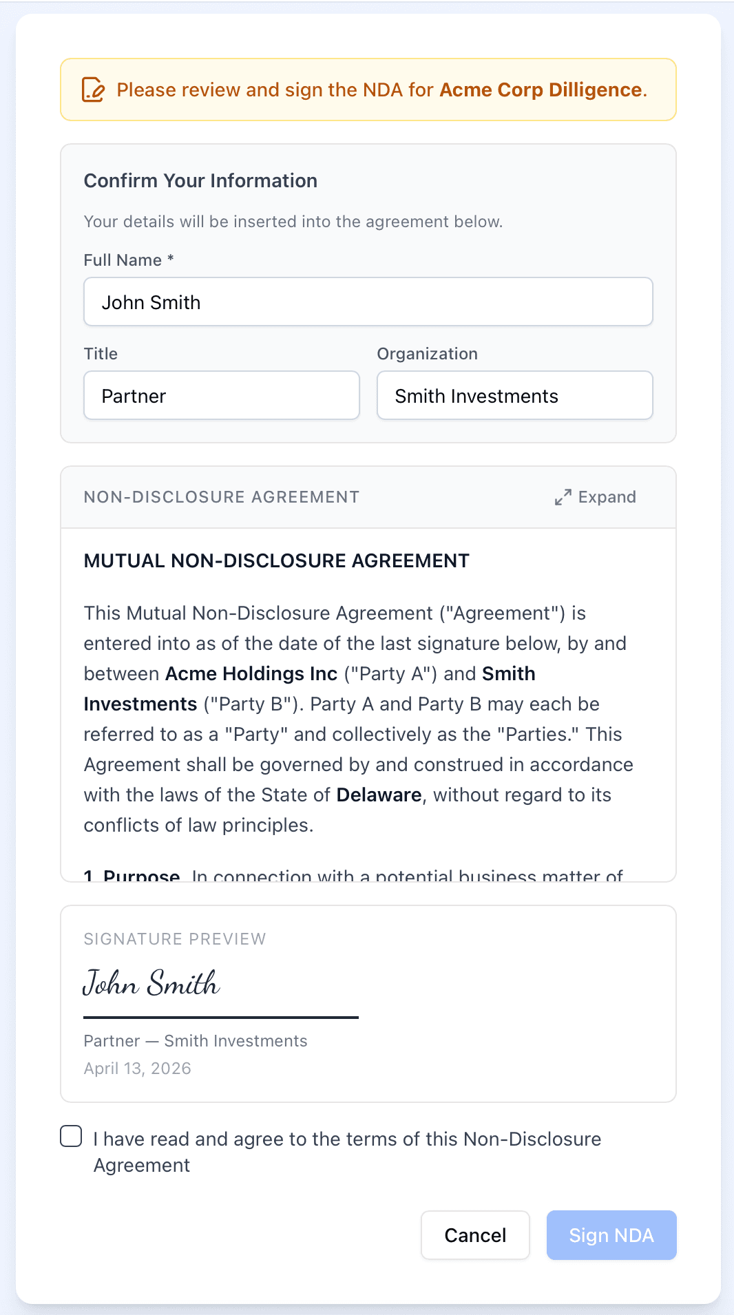 Inline NDA signing experience showing signer information, agreement text, and signature preview