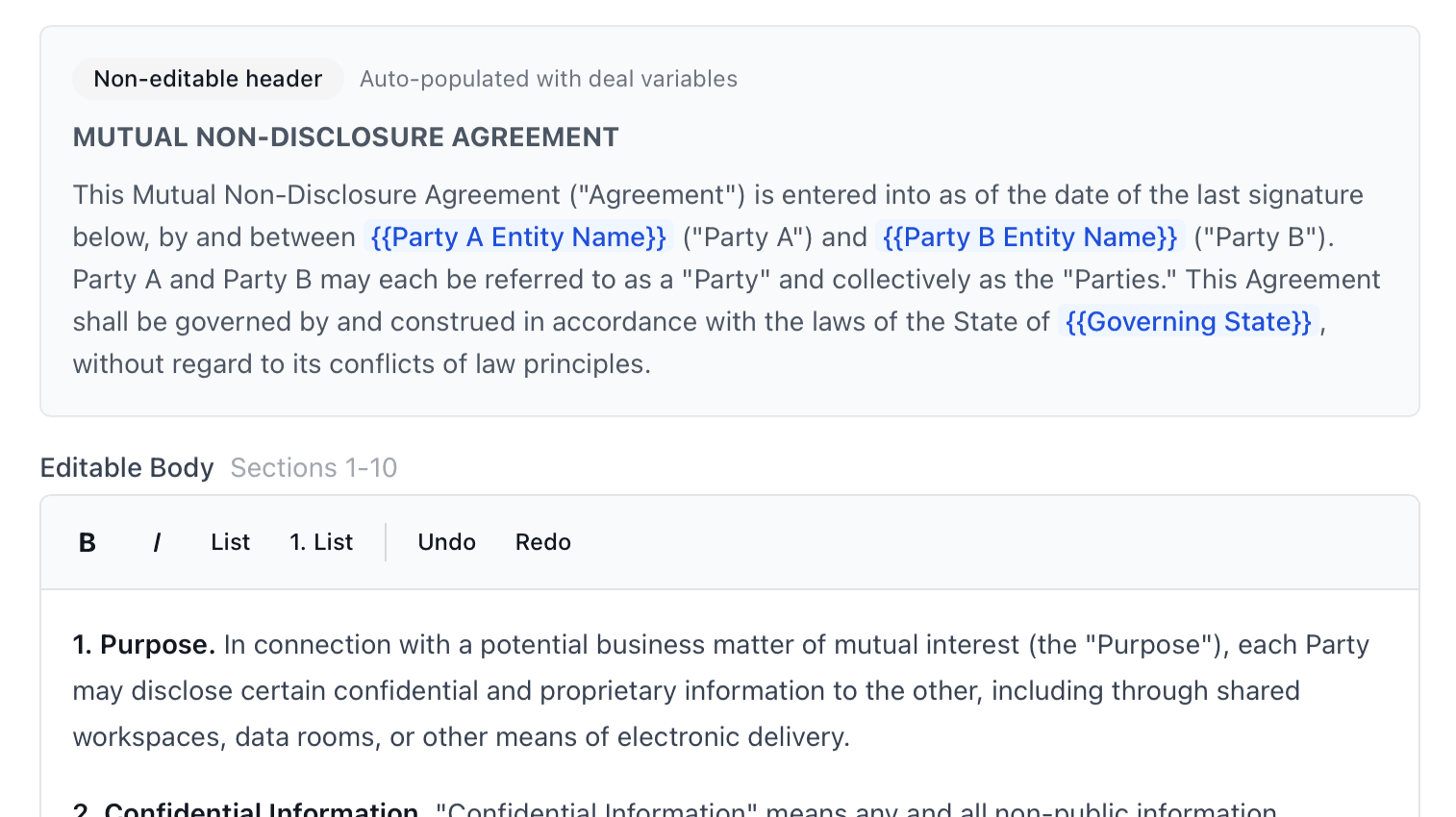 NDA template editor showing variable substitution and editable body sections