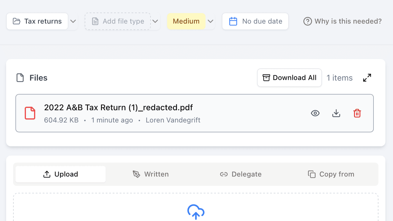 Request showing uploaded file with _redacted filename suffix indicating PII was removed