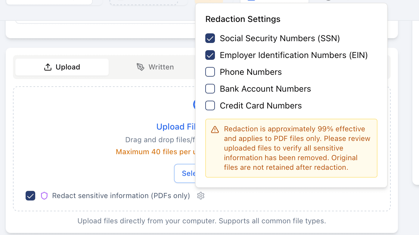 PII redaction settings showing checkboxes for SSN, EIN, phone, bank account, and credit card detection