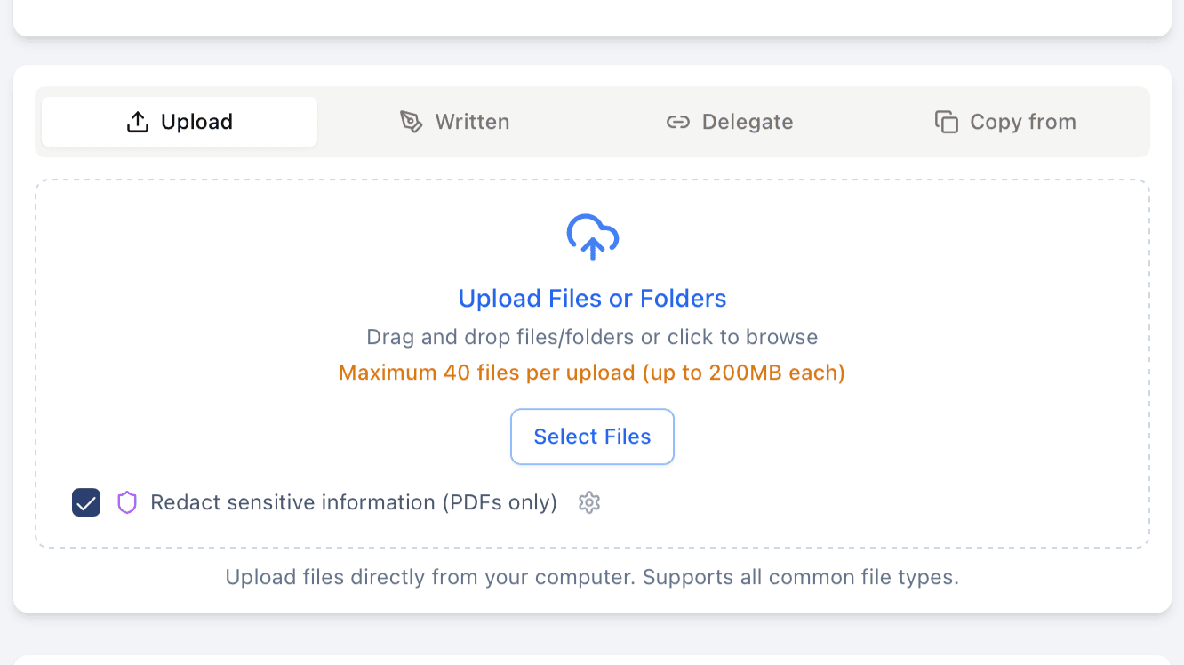 File upload interface with Redact sensitive information checkbox