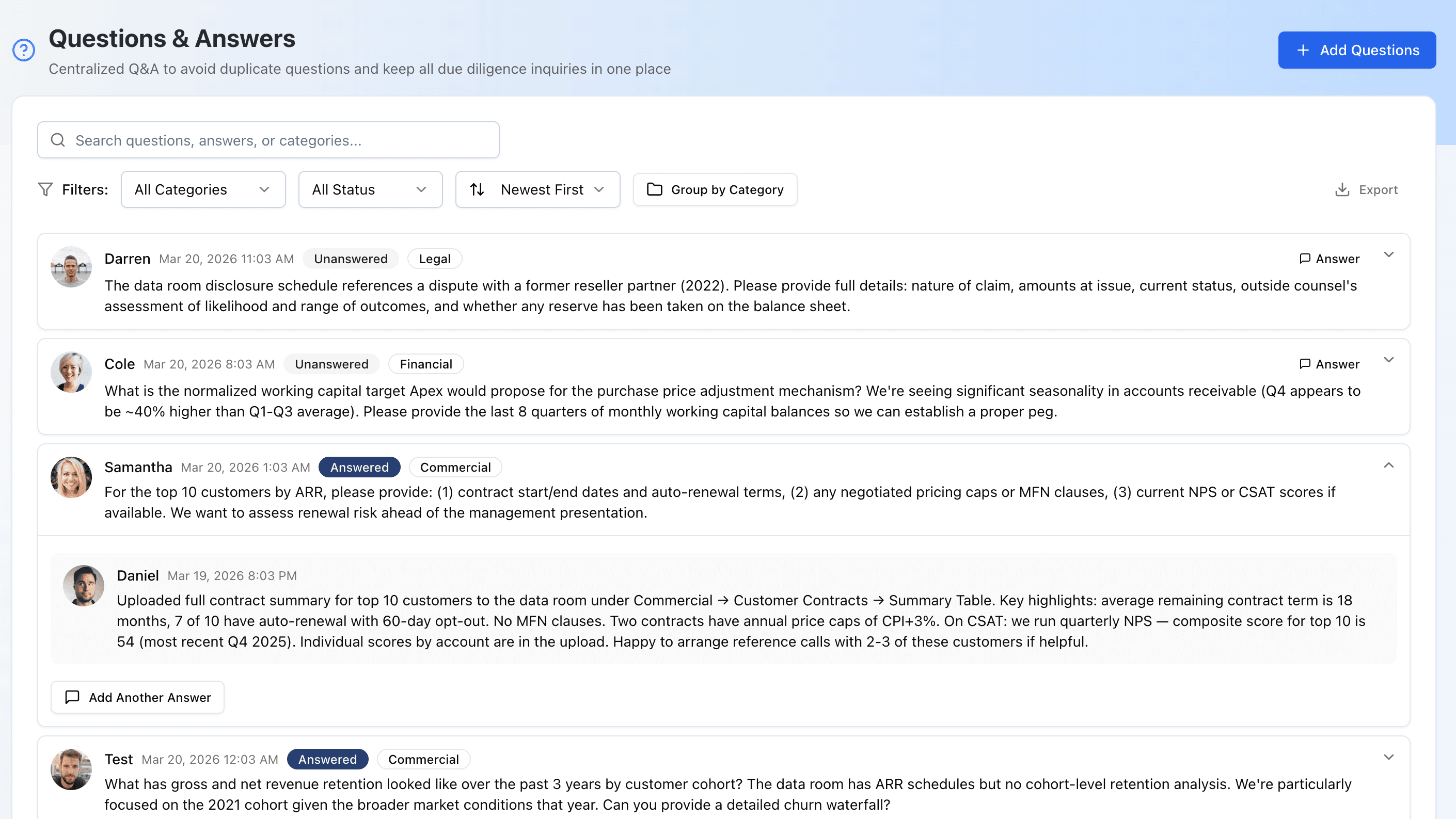 Q&A system showing categorized questions with assignments and answer history