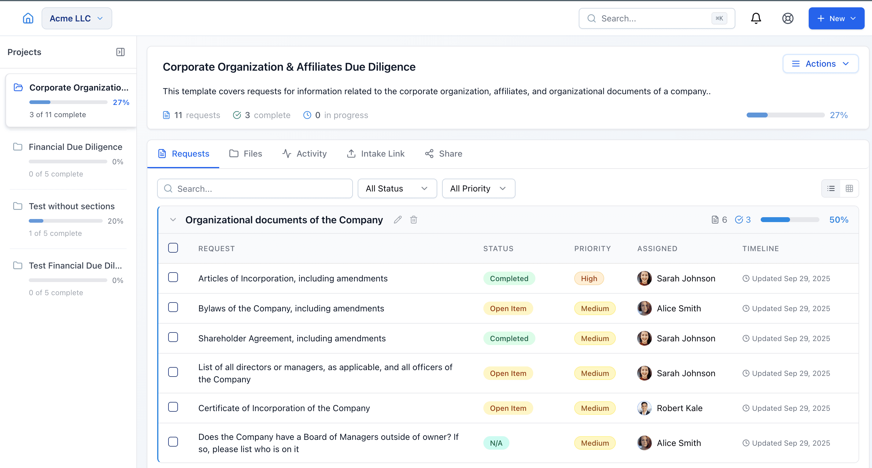 Request list showing sections, statuses, assignments, and priority levels