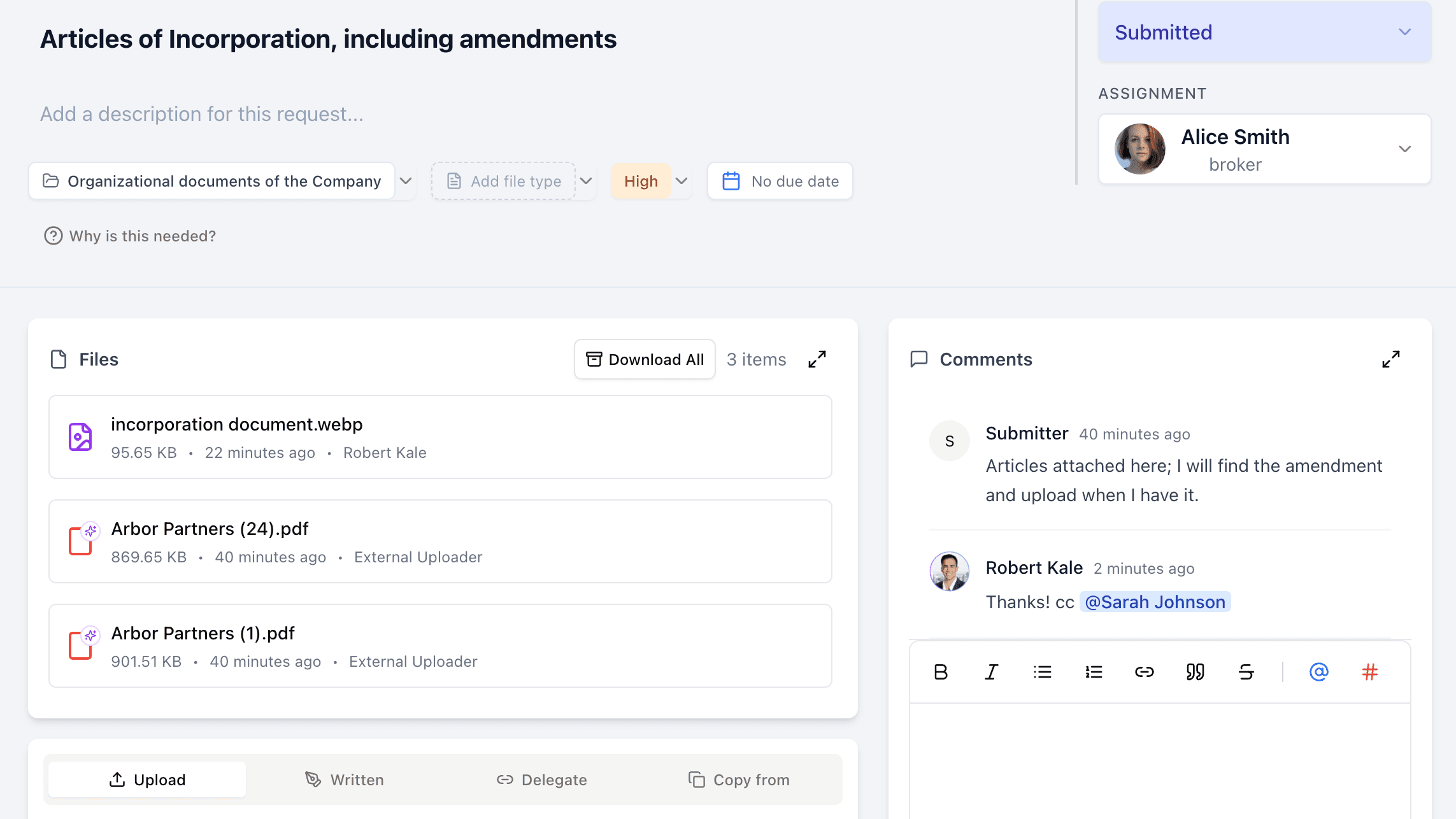Expanded request item showing uploaded files, version history, and comments