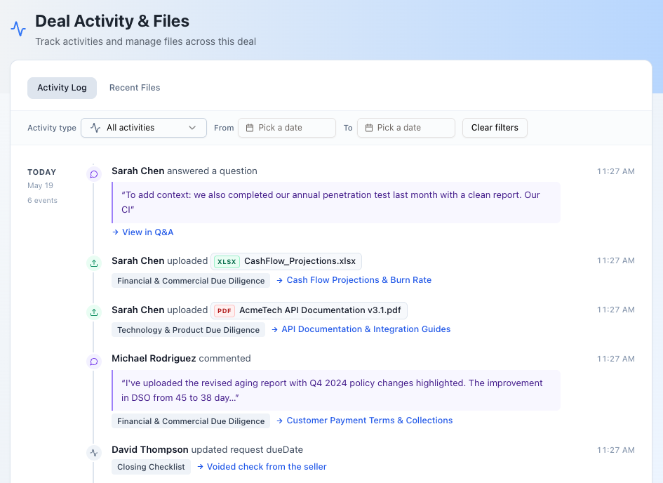 Deal activity log and tracking interface